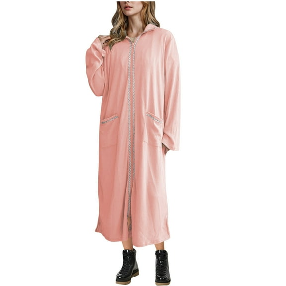 qolati Waffle Zipper Front Robes for Women Long Sleeve Wavy Striped Trim Nightgown Loungwear Long House Coat Pjs with Pockets