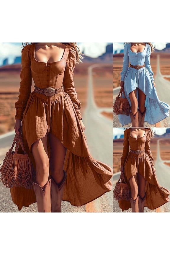 Western Dress for Women Cowgirl Vintage Irregular Hem Boho Sundress Long Sleeve Low Cut Neck High Lows Flowy Cocktail Dress Brown L
