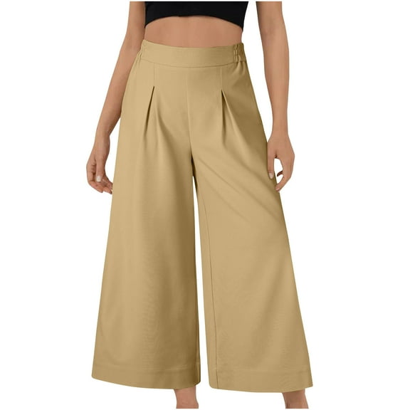 qolati Wide Leg Dress Pants for Women Casual Elastic High Waist Cropped Suit Pants Summer Loose Pleated Work Business Palazzo Trousers with Pockets