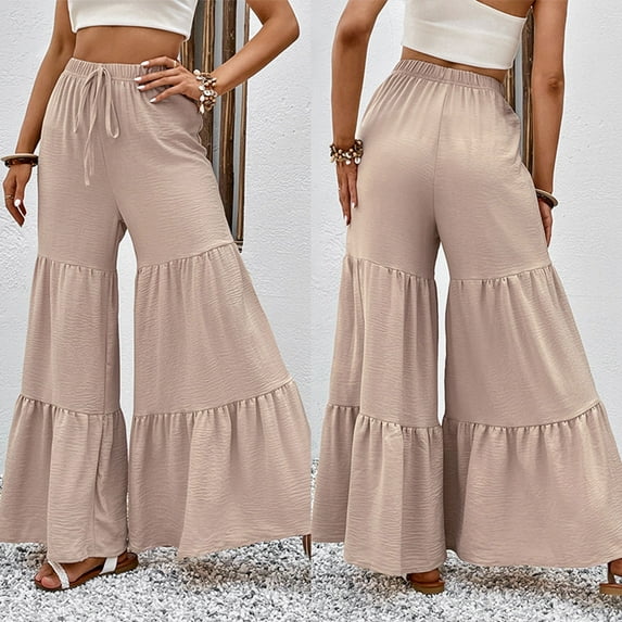 qolati Wide Leg Palazzo Pants for Women Casual Smocked Elastic High Waisted Tie Yoga Pant Ruffle Flowy Baggy Beach Lounge Trousers