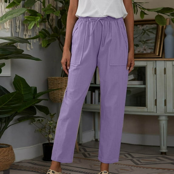 qolati Wide Leg Pants for Women 2023 Plus Size Drawstring High Waist Cotton Linen Palazzo Trousers Comfy Lightweight Beach Palazzo Lounge Pant with Pockets