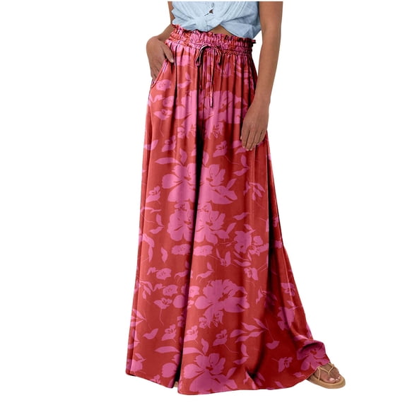 qolati Wide Leg Pants Women 2024 Summer High Waisted Flowy Palazzo Pants Trendy Casual Lounge Boho Beach Trousers with Pockets