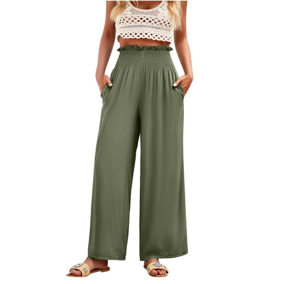 qolati Wide Leg Pants Women 2024 Summer Trendy Casual Flowy Lounge Trousers Dressy Smocked High Waisted Palazzo Beach Pants with Pockets