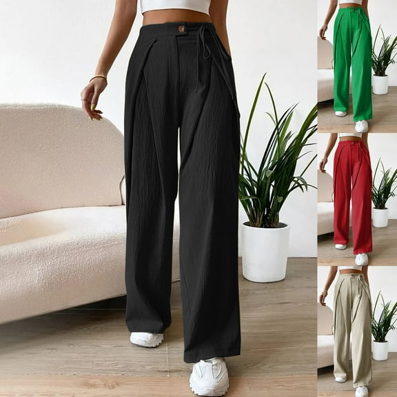 qolati Wide Leg Pants for Women Casual High Waisted Tie Side Plicated Palazzo Pants Trendy Loose Fit Summer Work Lounge Trousers