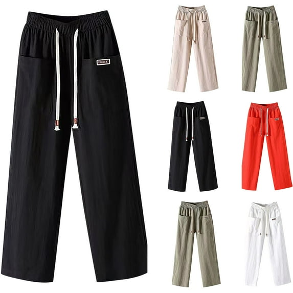 qolati Wide Leg Pants for Women Elastic Drawstring High Waist Cotton Linen Palazzo Lounge Trousers 2023 Plus Size Comfy Lightweight Cargo Sweatpants