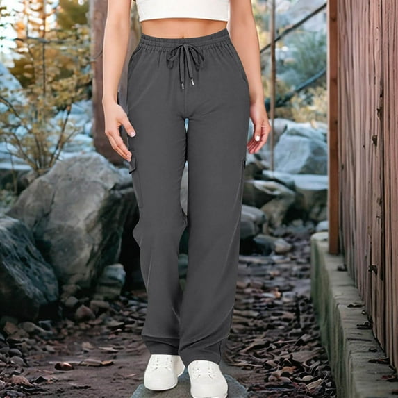 qolati Wide Leg Sweatpants Women Drawstring Twill Cargo Pants High Waisted Baggy Joggers Straight Leg Casual Workout Running Lounge Sweat Pants with Pockets Dark Gray XL