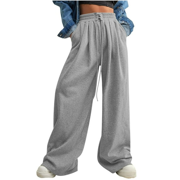 qolati Wide Leg Sweatpants Women High Waisted Baggy Lounge Sweat Pants Elastic Elevated Seams Drawstring Loose Athletic Flare Pants with Pockets Gray S 4