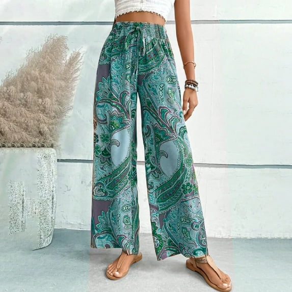qolati Wide Legs Pants for Women Boho Ethnic Print Drawstring High Waisted Palazzo Pants Casual Loose Yoga Lounge Trousers with Pockets