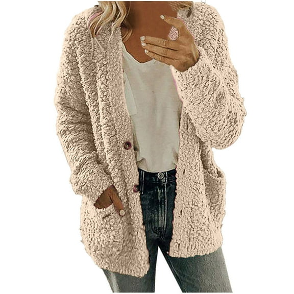qolati Winter Coat for Women Casual Fleece Sweater Open Front Plus Size Plush Sweater Buttons Outerwear Soft Cardigan Coat With Pockets