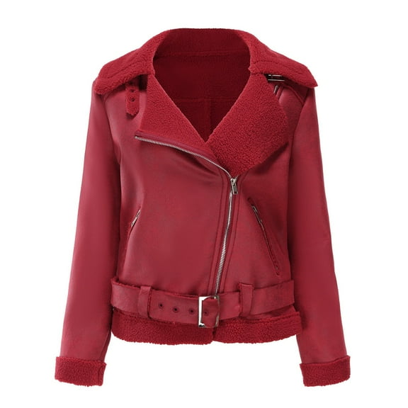 qolati Winter Coats Women 2024 Trendy Fleece Lined Faux Leather Jackets Y2k Long Sleeve Lapel Zipper Sherpa Moto Jacket Outwear