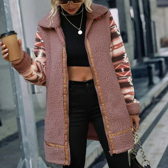 qolati Winter Coats for Women 2024 Warm Clothes Long Sleeve Color Block Fleece Sherpa Jacket Lightweight Zip Up Long Cardigan Coats Outerwear with Pockets