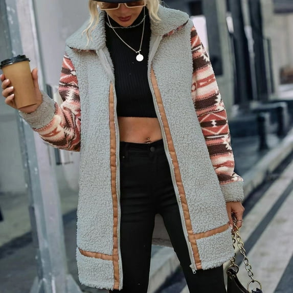 qolati Winter Coats for Women 2024 Warm Clothes Long Sleeve Color Block Fleece Sherpa Jacket Lightweight Zip Up Long Cardigan Coats Outerwear with Pockets