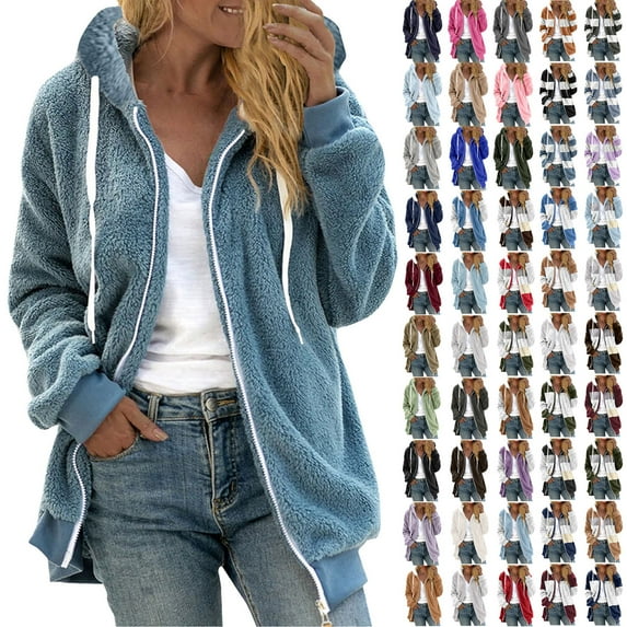 qolati Winter Coats for Women Fuzzy Fleece Zip Up Jacket with Hood Fall Winter Warm Dressy Oversized Fluffy Fluffy Sherpa Patchwork Sweatshirts Outerwear