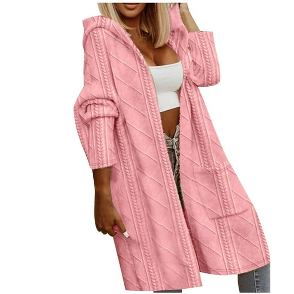 qolati Winter Coats for Women 2023 Fuzzy Fleece Long Sleeve Hooded Cardigan Jackets Oversized Warm Sherpa Lined Long Coats Outwear with Pockets