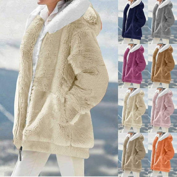 qolati Winter Coats for Women Fuzzy Fleece Jacket Cute Bear Ears Hooded Plain Solid Cardigan Coat Outerwear with Pockets Hot Pink M