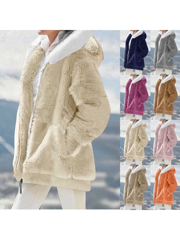 Winter Coats for Women Fuzzy Fleece Jacket Cute Bear Ears Hooded Plain Solid Cardigan Coat Outerwear with Pockets Orange S
