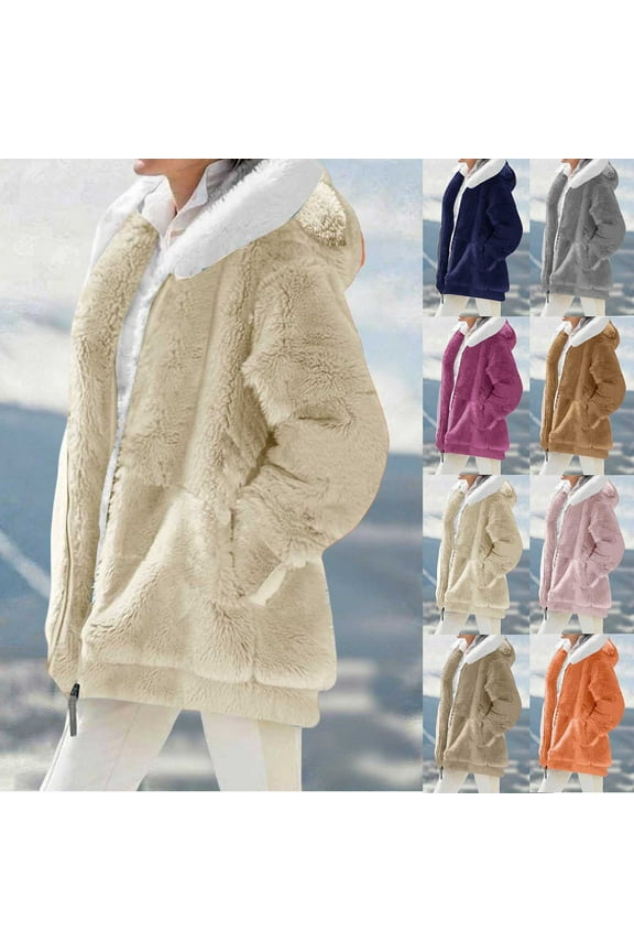 Winter Coats for Women Fuzzy Fleece Jacket Cute Bear Ears Hooded Plain Solid Cardigan Coat Outerwear with Pockets Purple XL