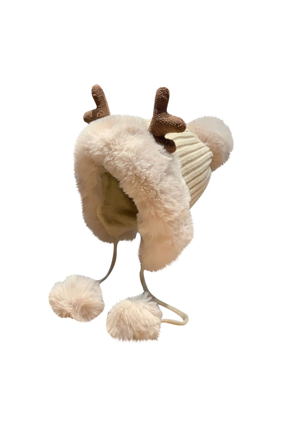 Winter Cute Reindeer Beanie Faux Furs Plush Lining Cap Windproof Ear Protections Snow Hat Christmas Gifts