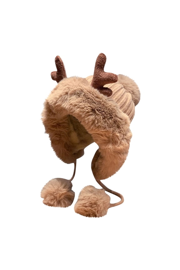 Winter Cute Reindeer Beanie Faux Furs Plush Lining Cap Windproof Ear Protections Snow Hat Christmas Gifts