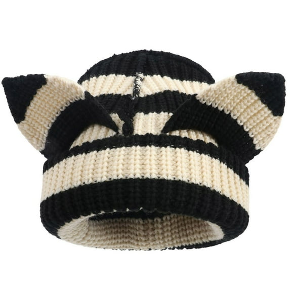 qolati Winter Knit Beanie Hat for Women Cute Ears Windproof Elastic Skull Cap Y2k Vintage Warm Crochet Hats