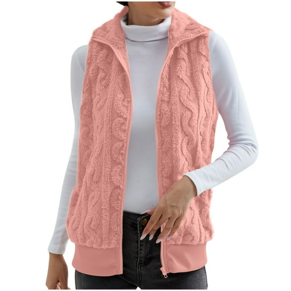 qolati Winter Vest Coats for Women Fashion Sleeveless Sherpa Coat Outwear Casual Stand Collar Zipper Solid Color Plush Vest Jacket with Pockets