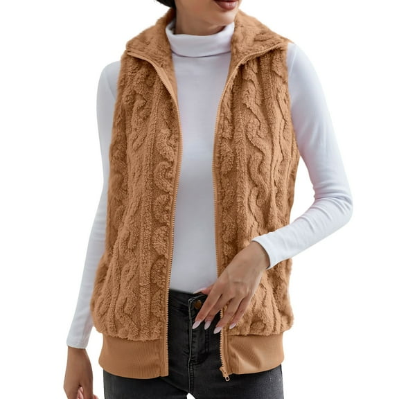 qolati Winter Vest Coats for Women Fashion Sleeveless Sherpa Coat Outwear Casual Stand Collar Zipper Solid Color Plush Vest Jacket with Pockets