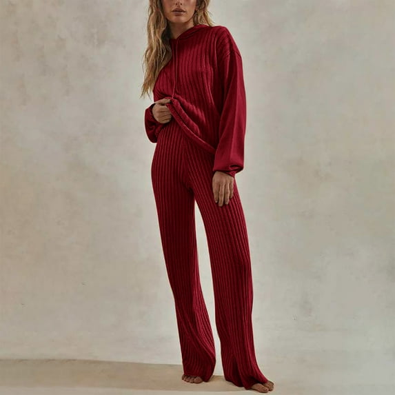 qolati Women 2 Piece Outfits 2023 Fall Trendy Long Sleeve Knit Hooded Pullover Top with Wide Legs Pants Lounge Suits Y2k Clothes Casual Cozy Pajamas Tacksuit Sets