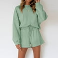 thumbnail image 1 of qolati Women 2 Piece Outfits 2023 Long Sleeve Crewneck Pullover Tops with High Waist Drawstring Shorts Sweatsuit Casual Comfy Solid Pajamas Tacksuit Sets, 1 of 7