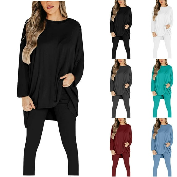 qolati Women 2 Piece Outfits 2023 Long Sleeve Crewneck Pullover Tops with Legging Pants Tracksuits Matching Set Casual Comfy Solid Pajamas Lounge Suits
