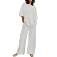 thumbnail image 1 of qolati Women 2 Piece Outfits 2024 Cotton Linen Shorts Sleeve T-Shirts Wide Leg Pants Matching Lounge Sets Fashion Linen Beach Vacation Tracksuits, 1 of 5