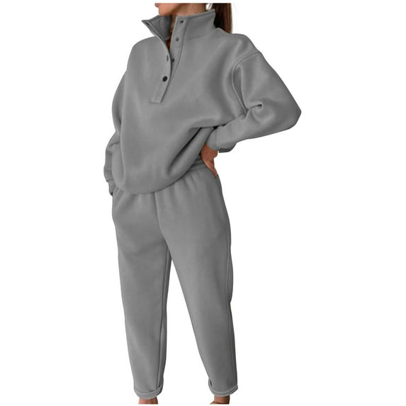 qolati Women 2 Piece Outfits 2024 Fall Oversized Button Down Collar Sweatshirt with Jogger Sweatpant Sweatsuit Set Y2k Fall Clothes Lounge Set Tracksuit