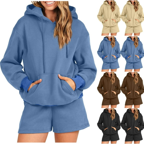 qolati Women 2 Piece Outfits 2024 Fall Winter Hoodie Sweatshirt and Jogging Short Set Oversized Casual Cozy Tracksuit Sweatsuits Sets Y2k Clothes