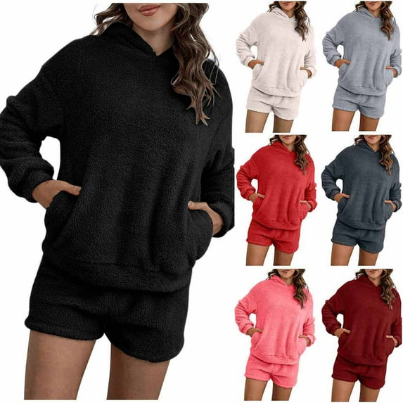 qolati Women 2 Piece Outfits Fuzzy Fleece Long Sleeve Hoodies Sweatshits and Shorts Set Tracksuit 2024 Fall Winter Loungwear Sweatsuit