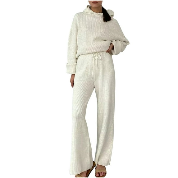 qolati Women 2 Piece Outfits Oversized Hoodie Knit Pullover Tops and Drawstring Wide Leg Pants Sweater Sets Casual Long Sleeve Tracksuit Louge Suits Y2k Fall Clothes