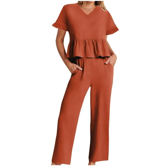 qolati Women 2 Piece Outfits Summer Short Sleeve Ruffled Crop Top Wide Leg Pants Cotton Linen Lounge Beach Sets Matching Tracksuit with Pockets