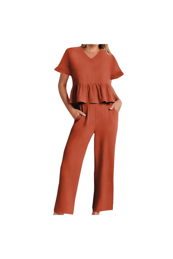 Women 2 Piece Outfits Summer Short Sleeve Ruffled Crop Top Wide Leg Pants Cotton Linen Lounge Beach Sets Matching Tracksuit with Pockets