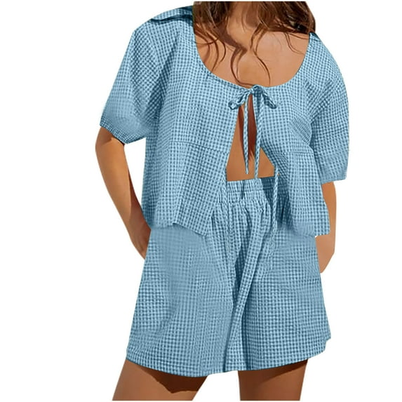 qolati Women 2 Piece Plaid Pajamas Sets Y2k Peplum Shirt Shorts Set Two Piece Lounge Set Matching Puff Sleeve Tie Front Top 2pcs Outfits Set