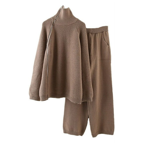 qolati Women 2 Piece Sweater Sets High Neck Long Sleeve Sweater Top and Wide Leg Pant Matching Outfits Chunky Knit Lounge Set