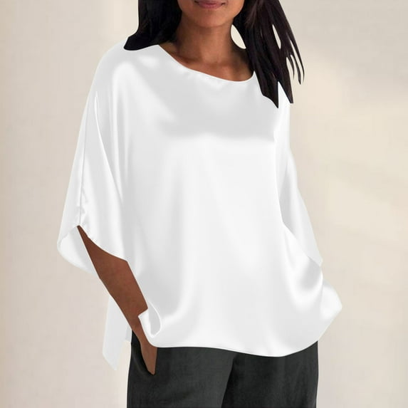 qolati Women 3/4 Length Satin Blouses Dressy Casual Loose Crewneck Silk Shirts Soft Sleepwear Satin Tunic Tops White M