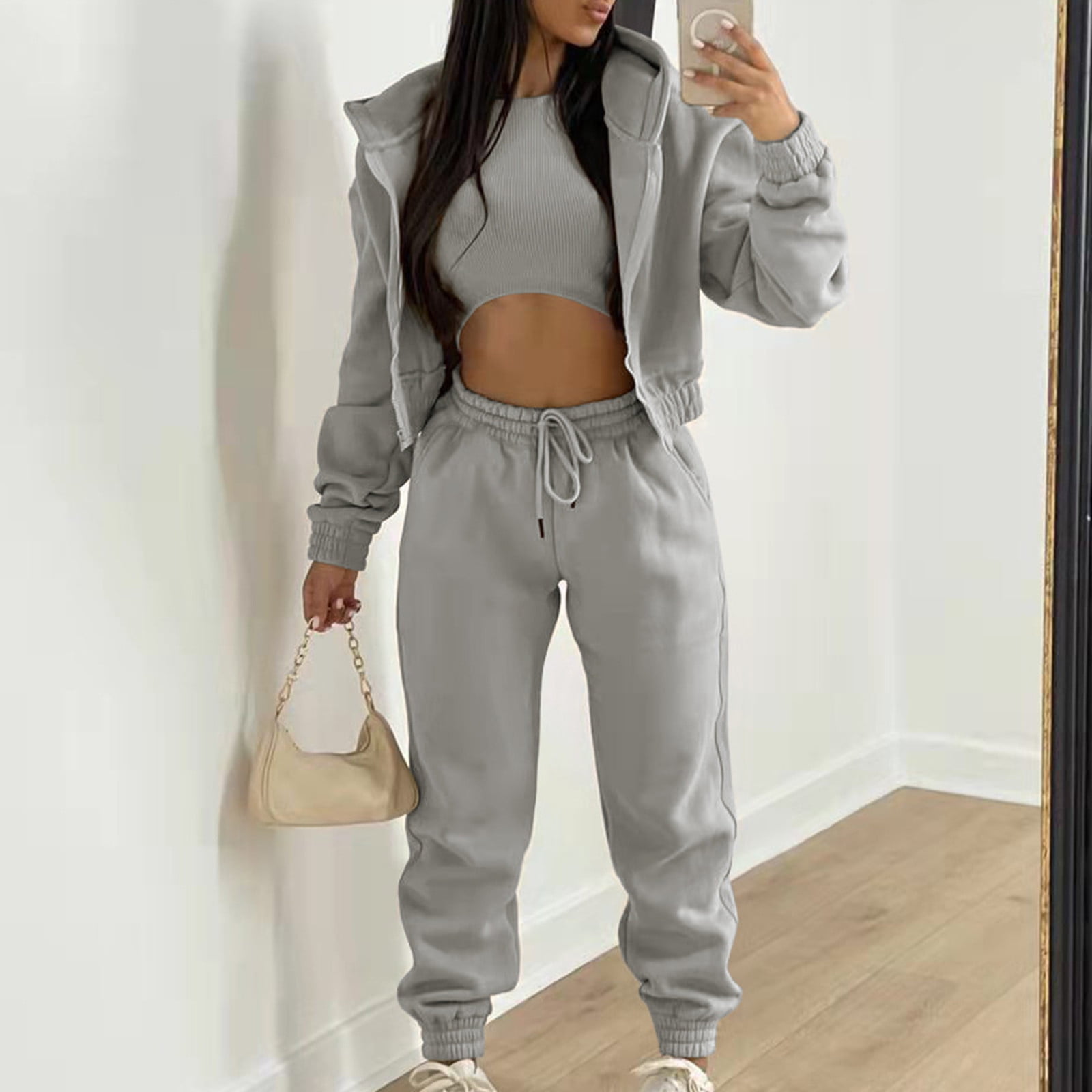qolati Women 3 Piece Outfits Fleece Sweater Hooded Jacket Crop