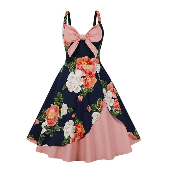 qolati Women 50s Vintage Cocktail Dresses 1950s Floral Print Rockabilly Prom Party Tea Dress Spaghetti Straps Sleeveless Patchwork Pleated Swing Midi Dress