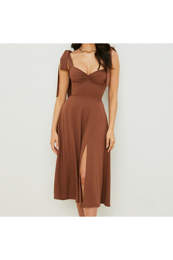 Women Bustier Midi Dresses 2023 Square Neck Low Cut Sleeveless Summer Boho Dress Solid Split Hem Pleated Cocktail Party Club Dress