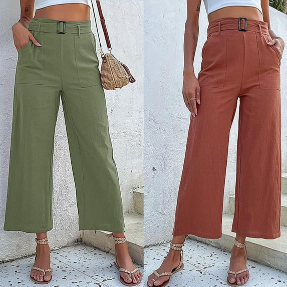 qolati Women Casual Wide Leg Pants Trendy Straight Long Trousers with Belted Classic Fit Solid Color Business Work Dress Pants