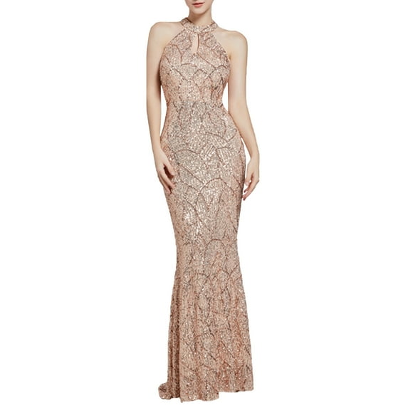 qolati Women Cocktail Dresses 2024 Sequin Sleeveless Wedding Party Dress Halter Neck Mermaid Maxi Long Dress Formal Evening Gowns Beige M Holiday Outfits