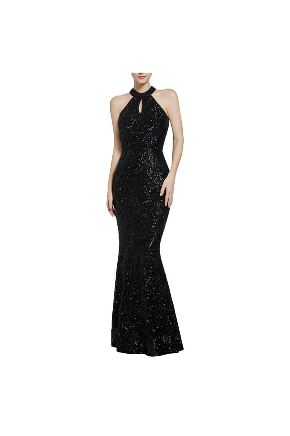 Women Cocktail Dresses 2024 Sequin Sleeveless Wedding Party Dress Halter Neck Mermaid Maxi Long Dress Formal Evening Gowns Black XXL Holiday Outfits