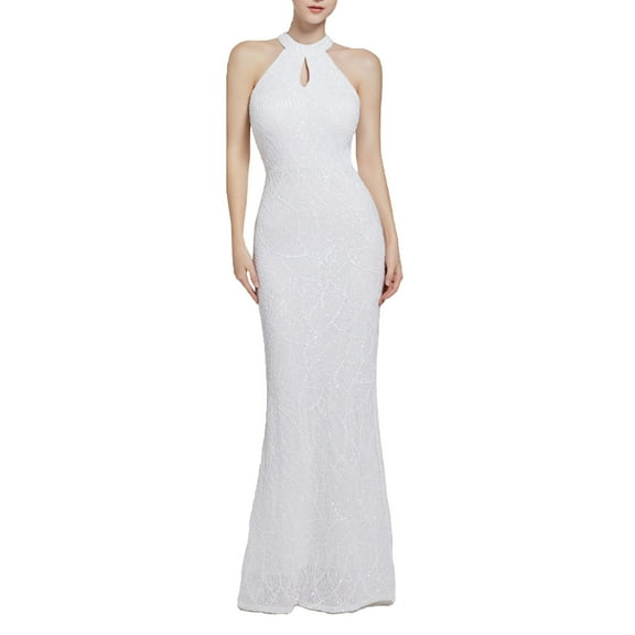 qolati Women Cocktail Dresses 2024 Sequin Sleeveless Wedding Party Dress Halter Neck Mermaid Maxi Long Dress Formal Evening Gowns White S Holiday Outfits
