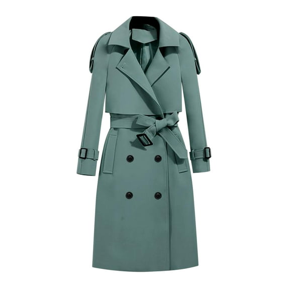 qolati Women Double Breasted Coats Elegant Notched Lapel Collar Wool Blend Belted Long Jackets Winter Work Office Overcoat Pea Coat with Pockets