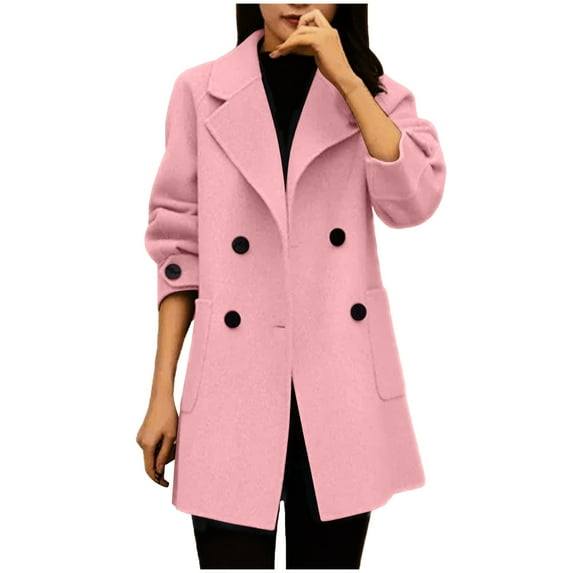qolati Women Double Breasted Coats Elegant Notched Lapel Collar Wool Blend Suits Jackets Winter Work Office Overcoat Pea Coat