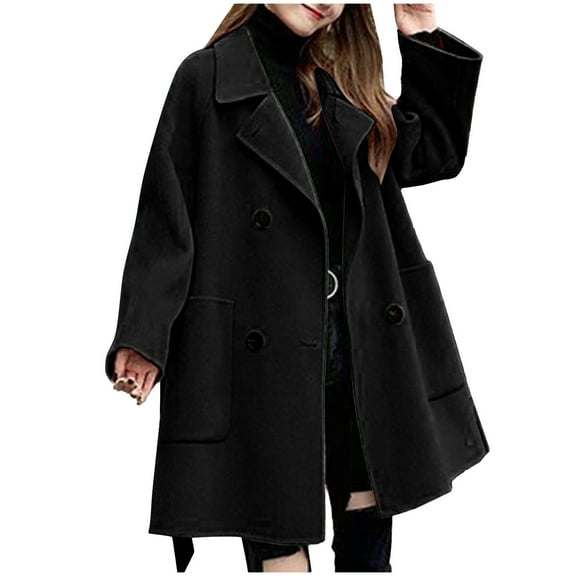 qolati Women Double Breasted Coats Oversized Notched Lapel Collar Wool Blend Long Suits Jackets Winter Warm Work Office Overcoat Pea Coat with Pockets