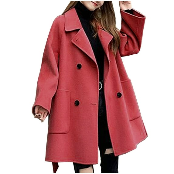 qolati Women Double Breasted Coats Oversized Notched Lapel Collar Wool Blend Long Suits Jackets Winter Warm Work Office Overcoat Pea Coat with Pockets